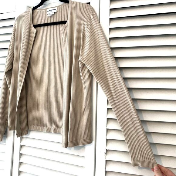 Y2k Vintage D.J. International 100% Silk Neutral Ribbed Open Cardigan Sweater - Picture 4 of 7